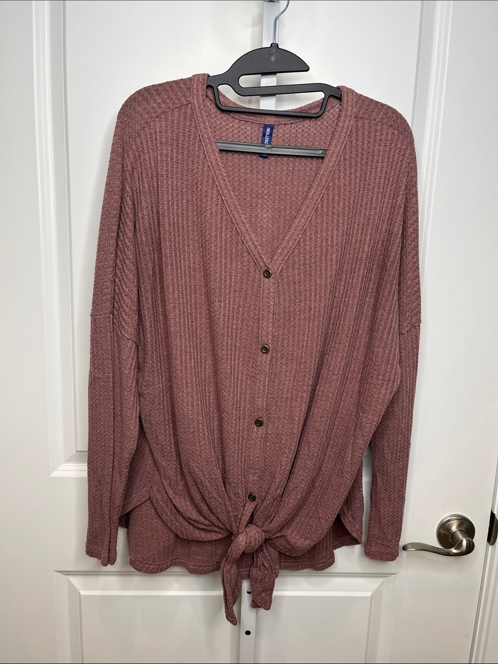 Waffle-Knit Tie-Front V-Neck Cardigan Sweater - Dusty Rose Women’s 2XL